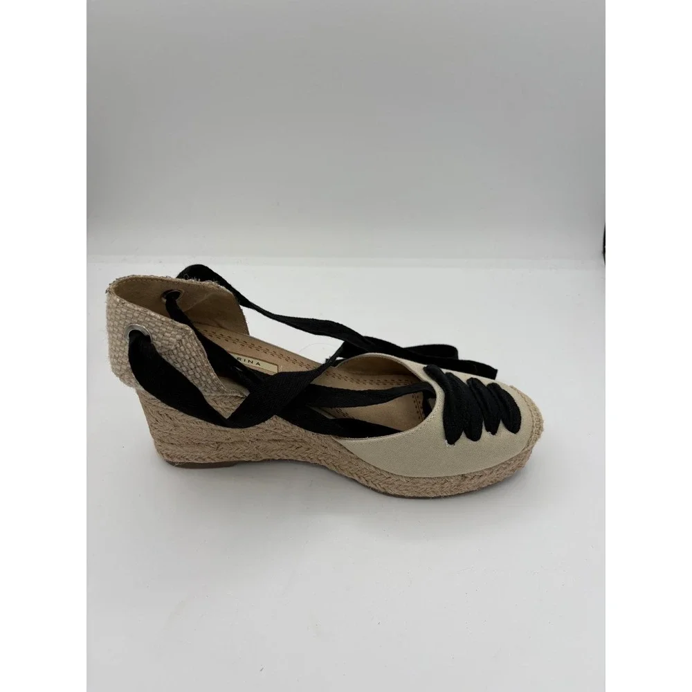 Corina Womens Espadrille Wedge Sandals Beige Black Ribbon Ankle Tie Size 40